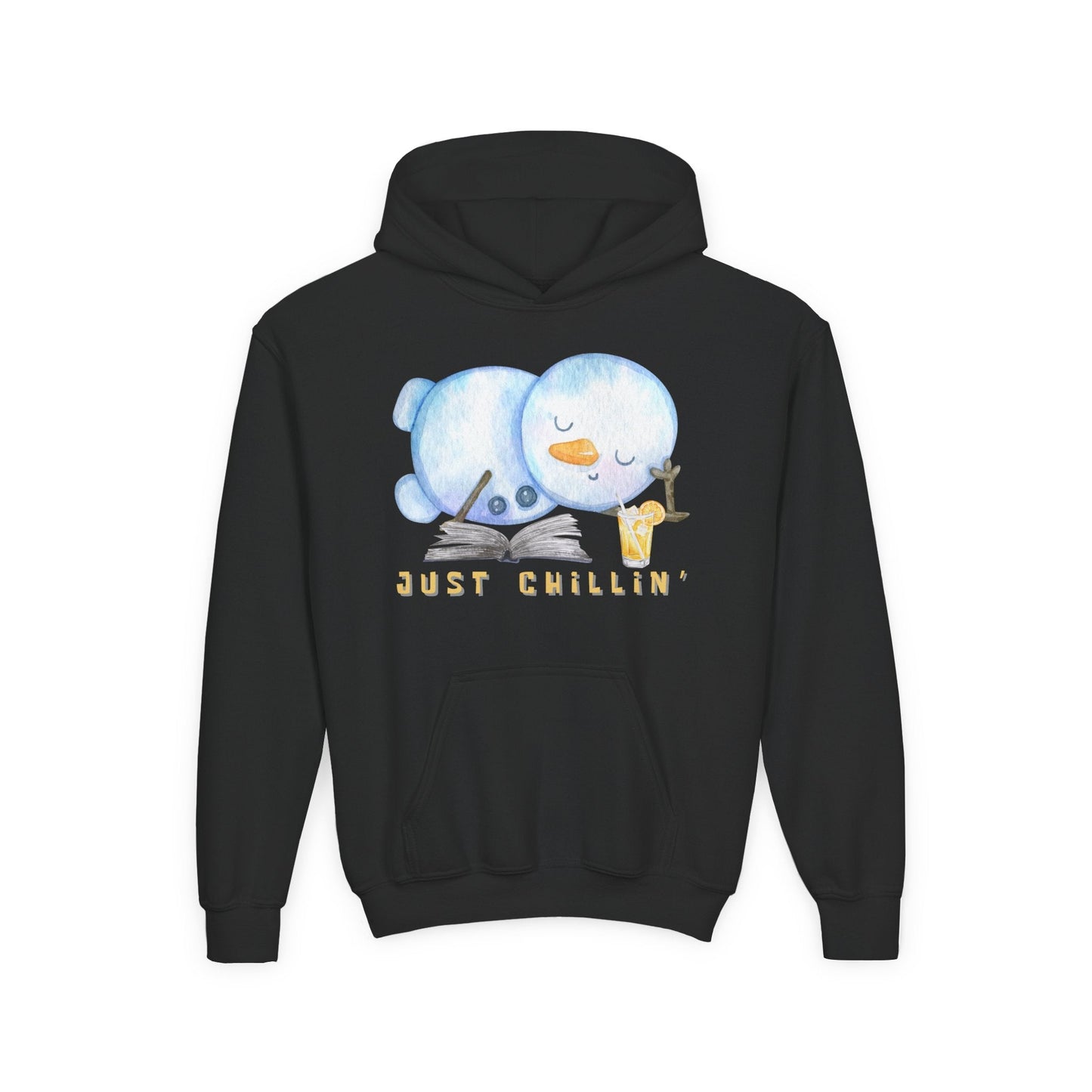 Youth Just Chillinâ€™ Hoodie â€“ Cozy Snowman Reading Design Printify