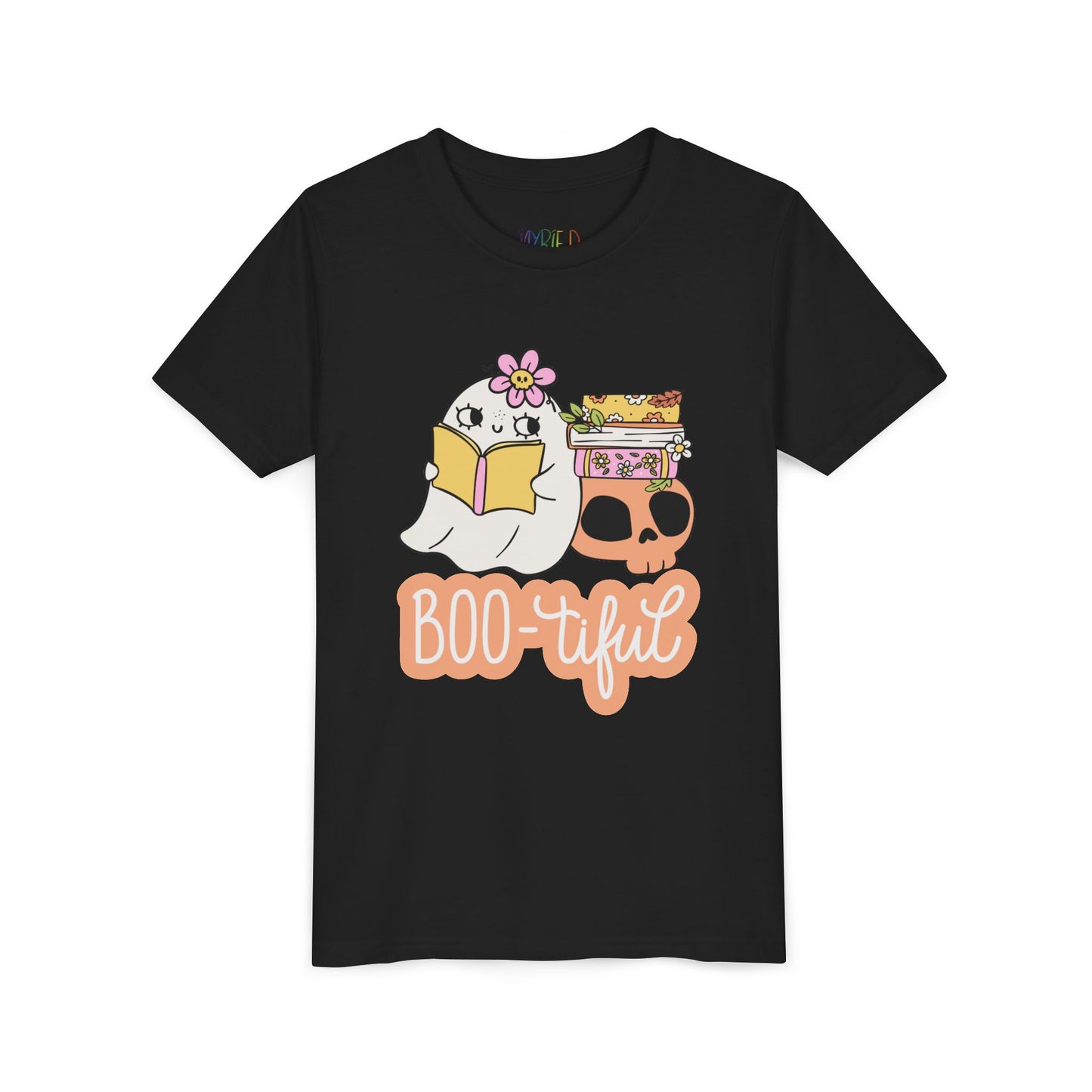 Youth Boo-tiful Halloween Tee – Cute Ghost & Books Design