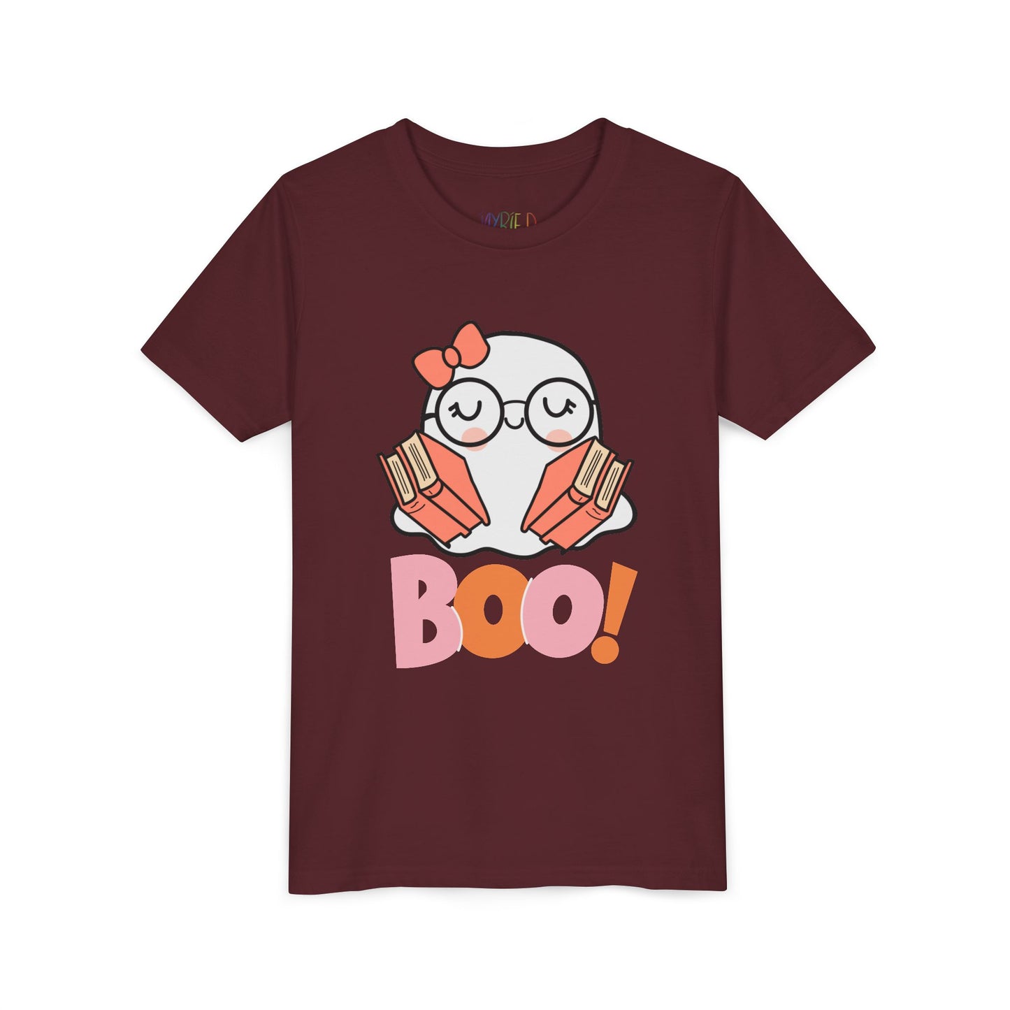 Maroon t-shirt with an eyeglass wearing ghost holding two armfuls of books and 'BOO!' text