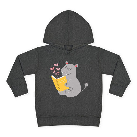 Dark gray toddler hoodie with a happy hippo reading a yellow book with pink butterflies flying of the pages