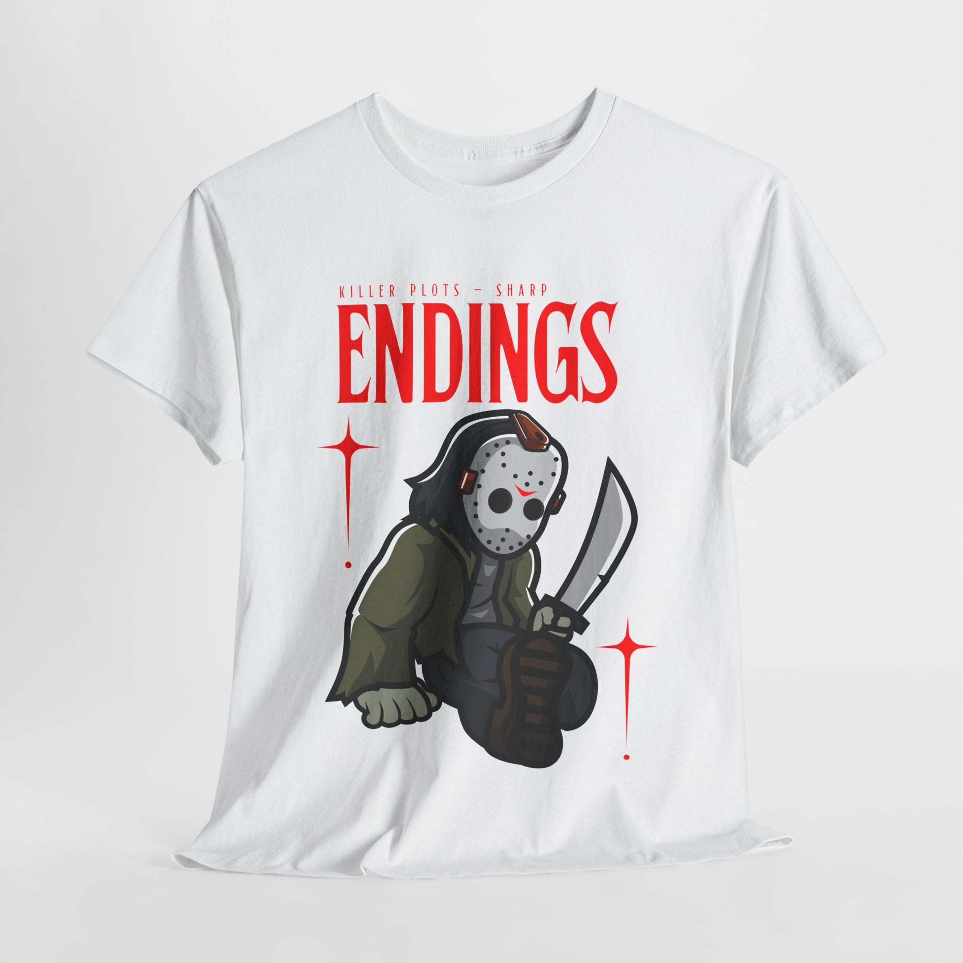 White t-shirt with a Jason type masked man holding a knife and text ' Killer Plots - Sharp ENDINGS' in red.