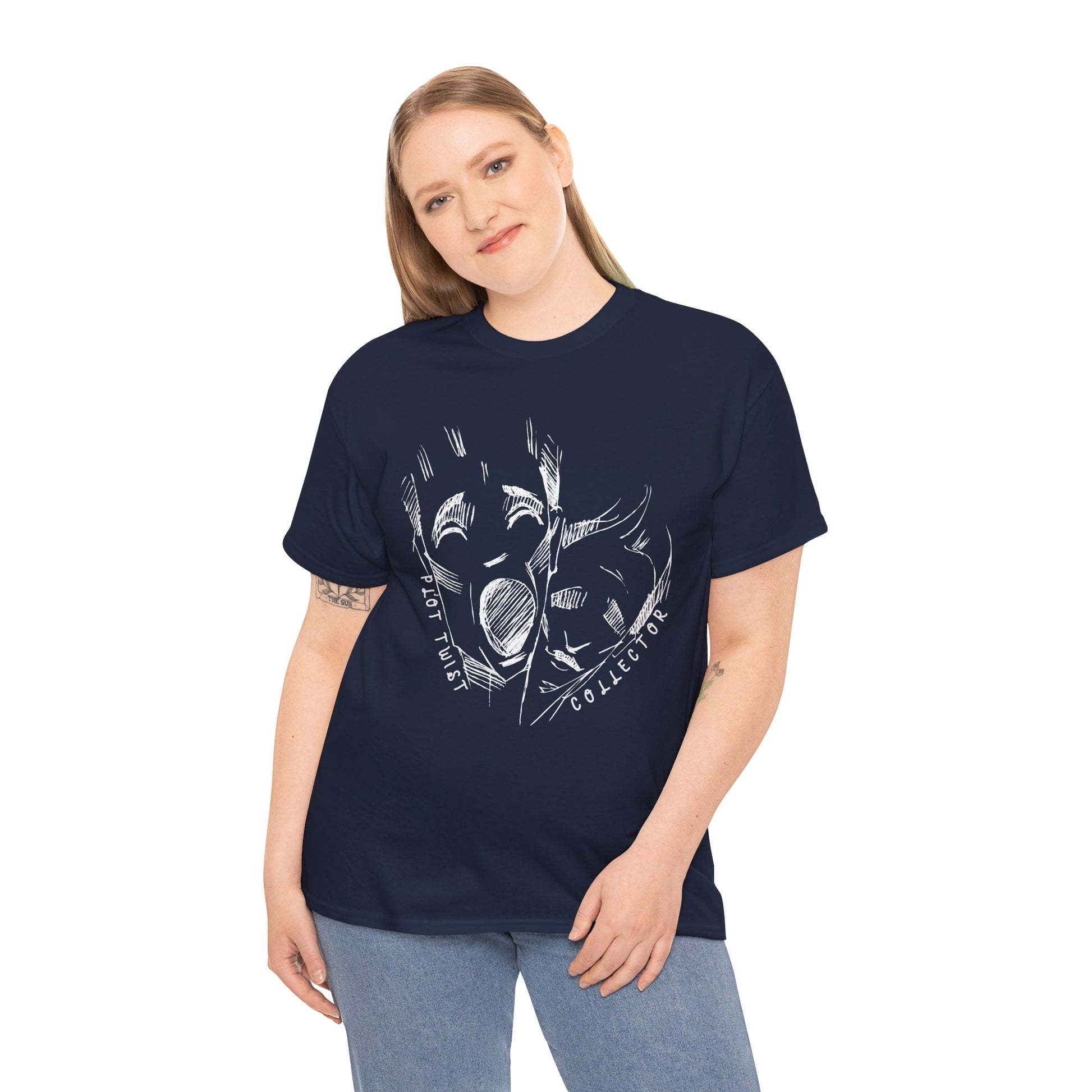 Woman wearing a navy blue t-shirt with white sketched graphic design of creepy faces and text 'Plot Twist Collector' on a hanger against a white background