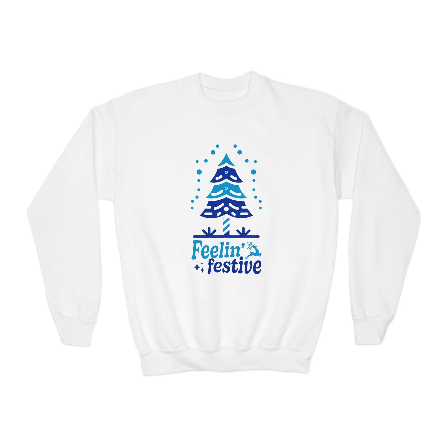White sweatshirt with blue Christmas tree design and 'Feelin' festive' text on a white background