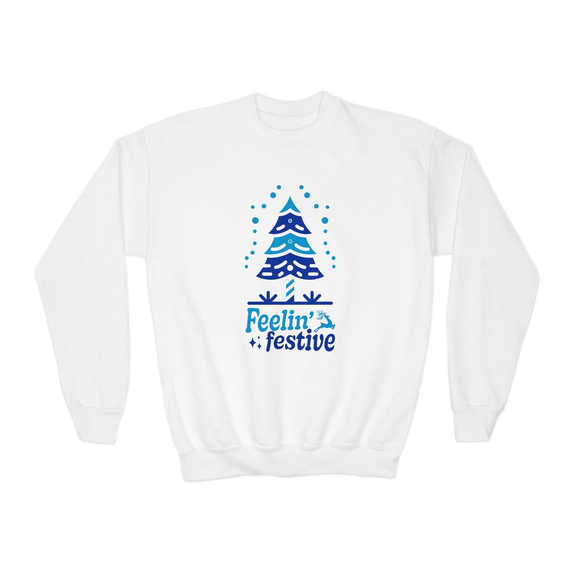 White sweatshirt with blue Christmas tree design and 'Feelin' festive' text on a white background