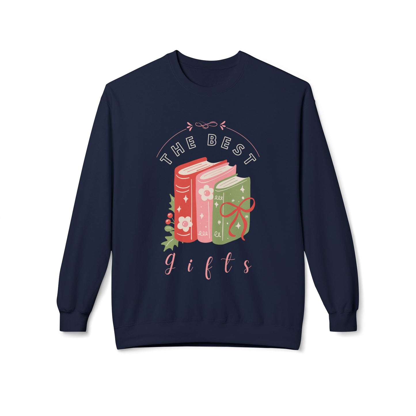Navy blue sweatshirt with 'The Best Gifts' design featuring books and ribbons on a white background