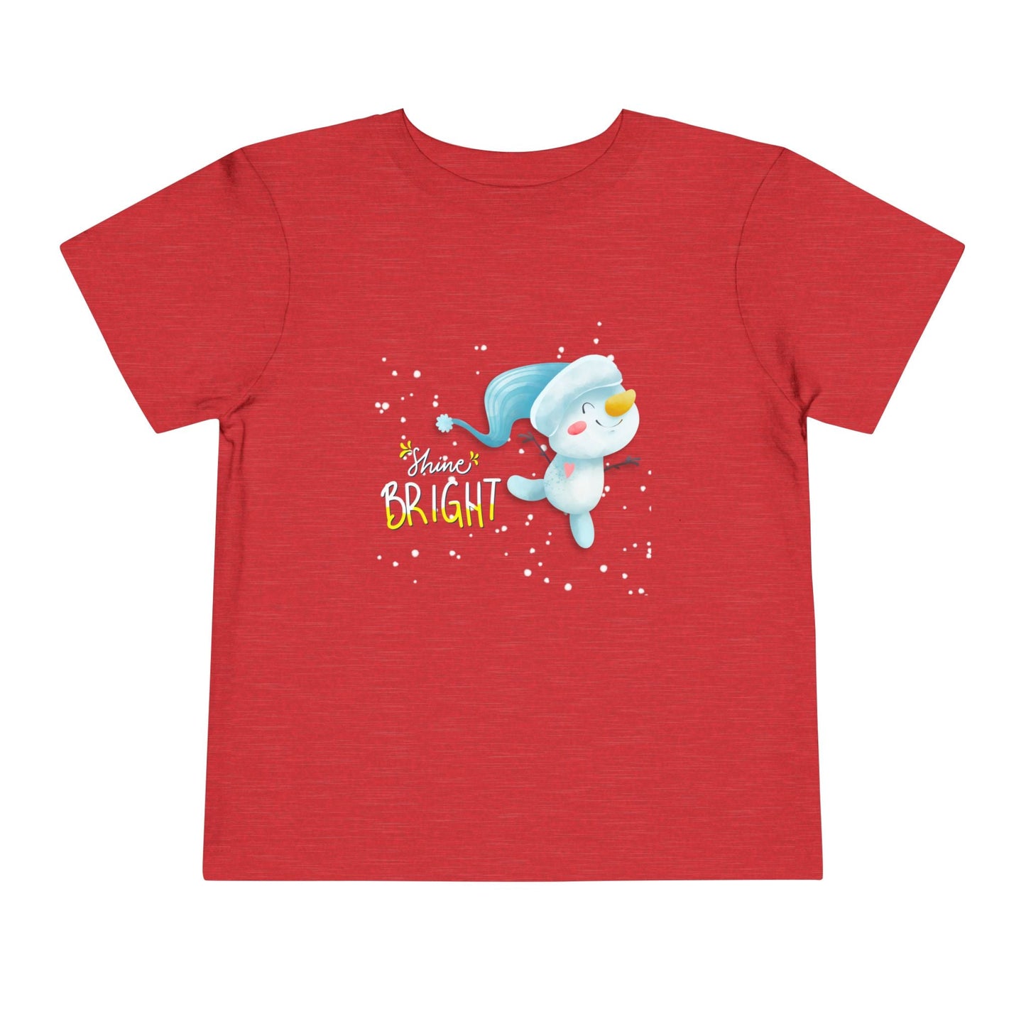 Red toddler t-shirt with a swirling snowman graphic and 'Shine Bright' text on a white background