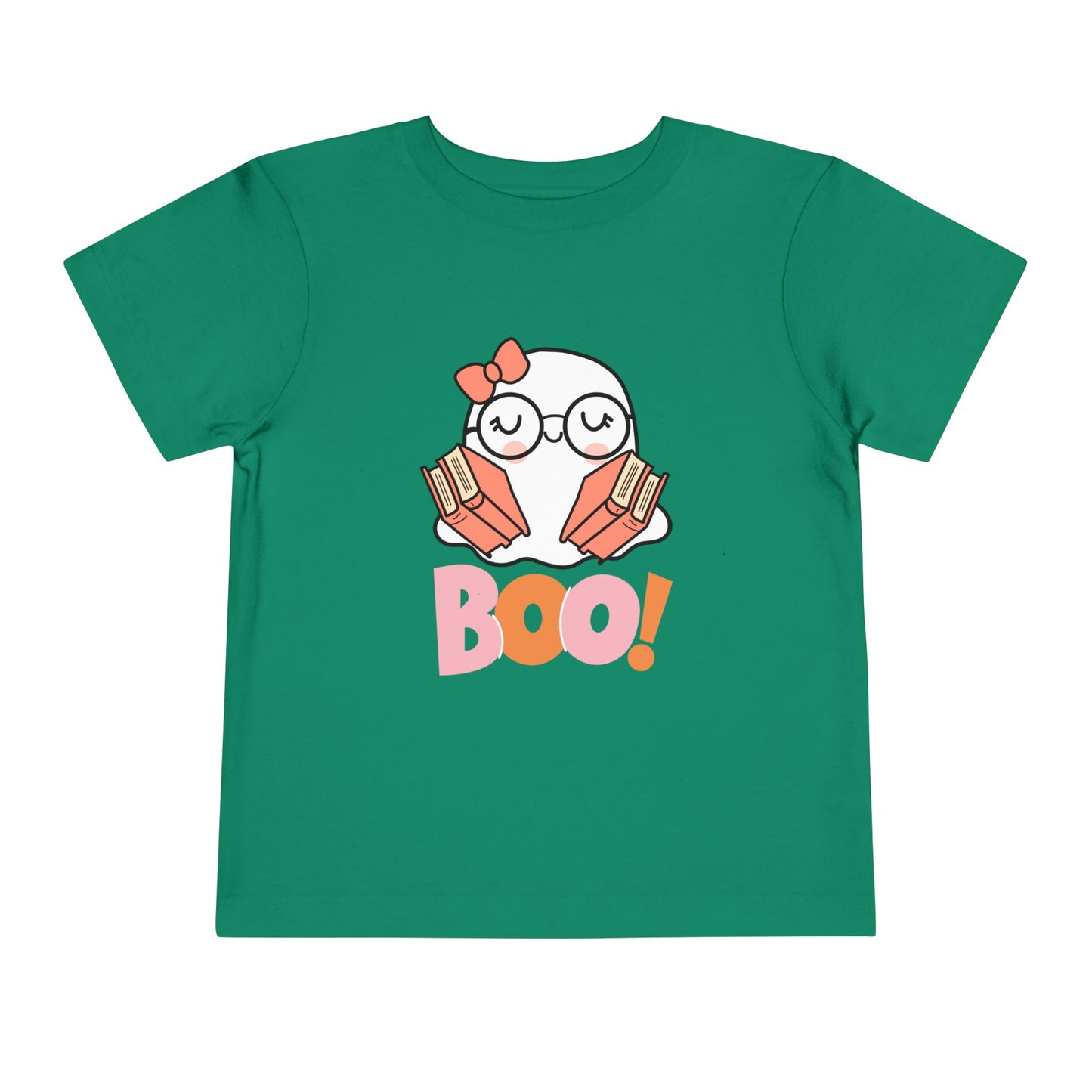 Green t-shirt with a ghost holding books in each arm and large 'BOO!' text 
