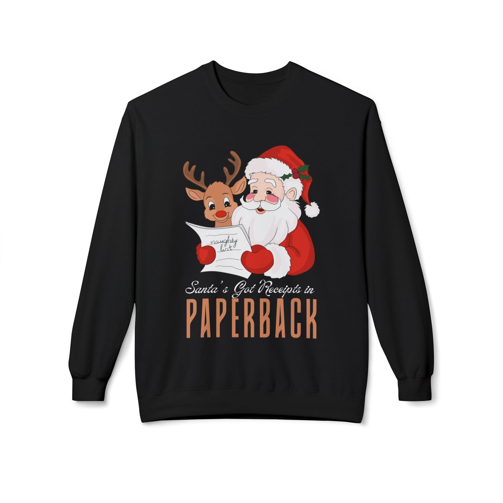 Black sweatshirt with Santa and reindeer design and text on a white background