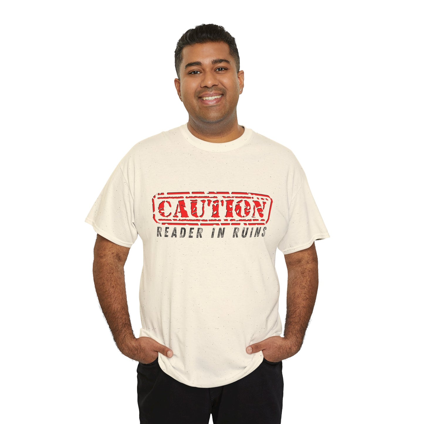 Teen/Adult Unisex Tee CAUTION Reader in Ruins (Red Caution)
