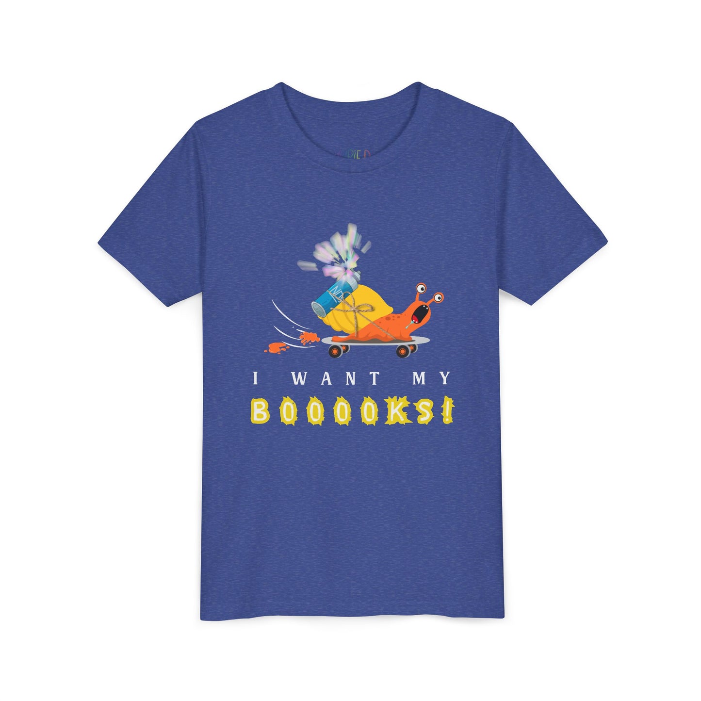 Youth I Want My BOOOOKS! Tee – Snail-Powered Speed Reader Shirt for Kids