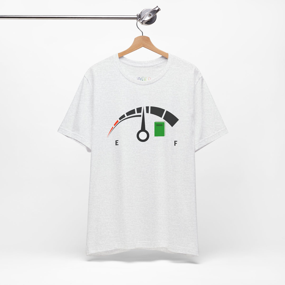 Light gray t-shirt of a fuel gage ranging from empty to full with a book near the full.