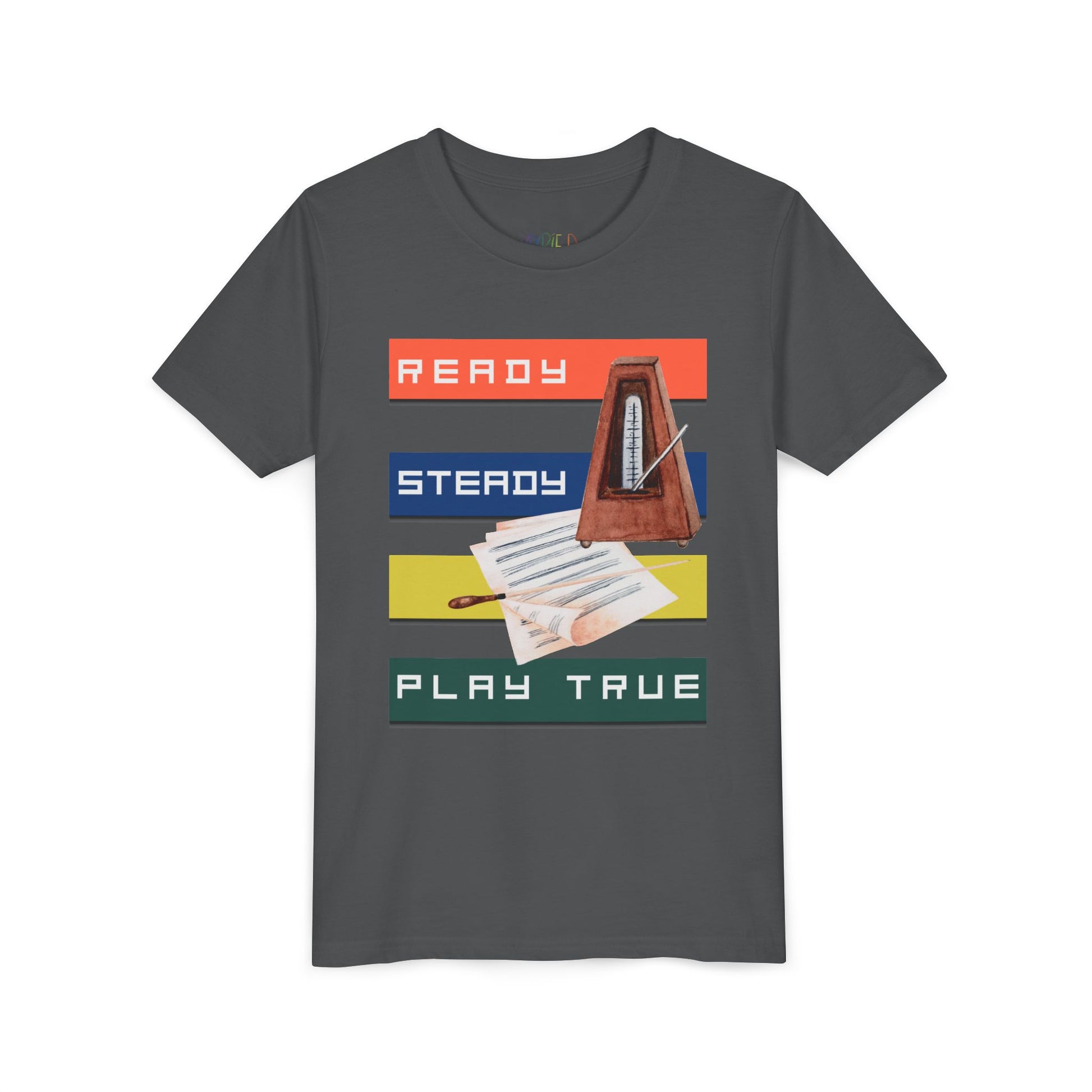 Gray t-shirt with colorful stripes, music sheets, a metronome and text 'Ready. Steady. Play True.'