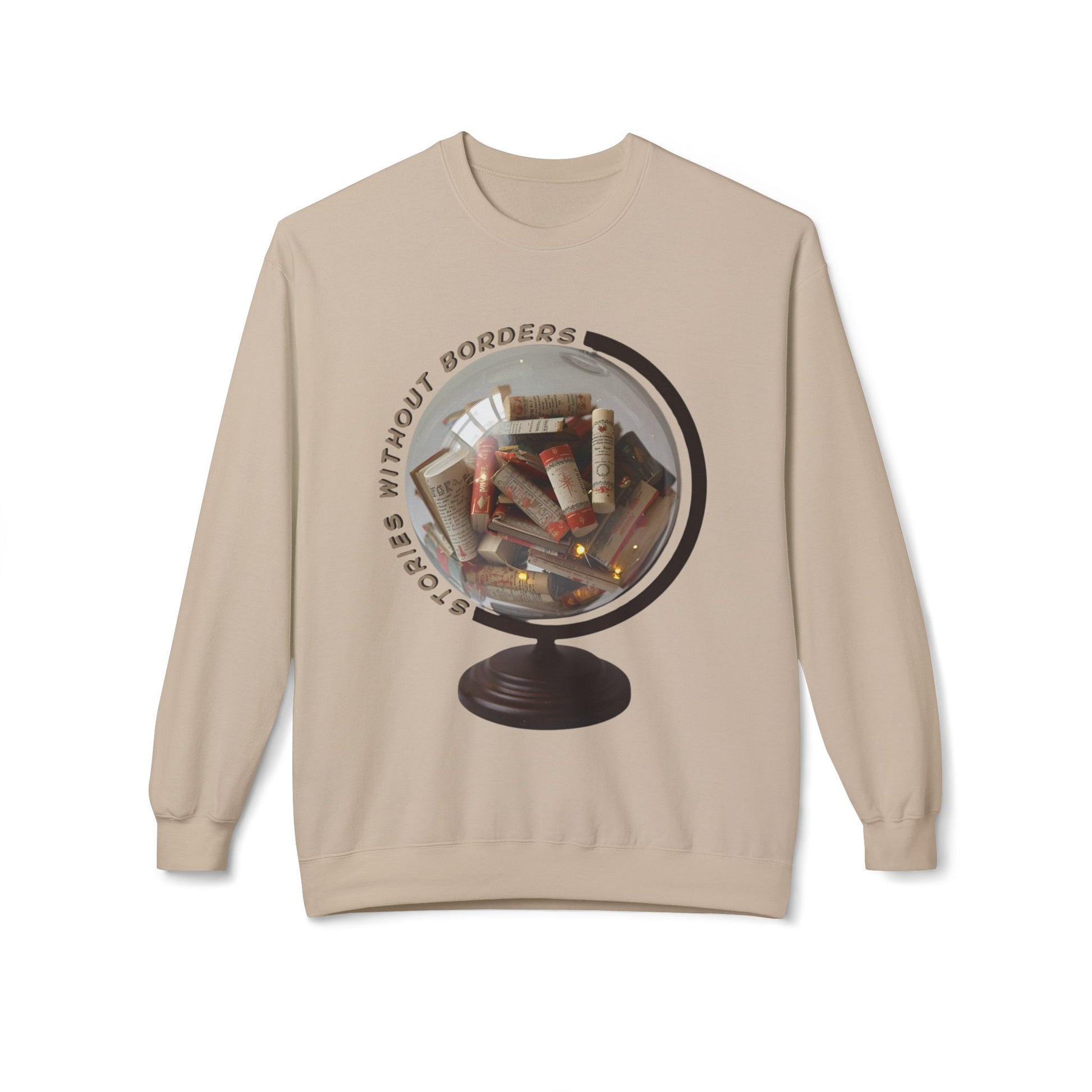 Beige sweatshirt with a graphic of books and scrolls inside of a globe, text 'Stories Without Borders' 