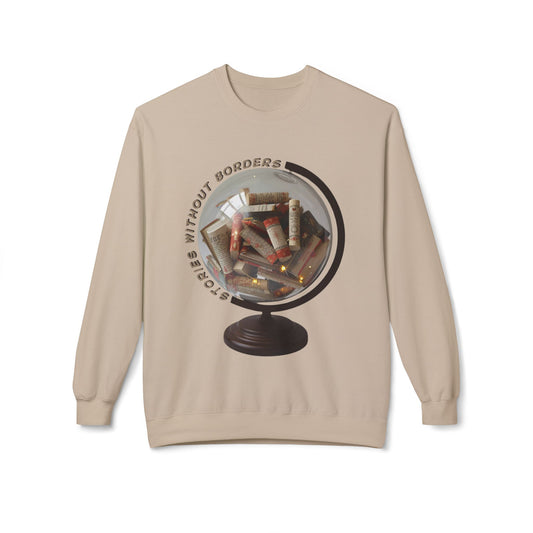 Beige sweatshirt with a graphic of books and scrolls inside of a globe, text 'Stories Without Borders' 