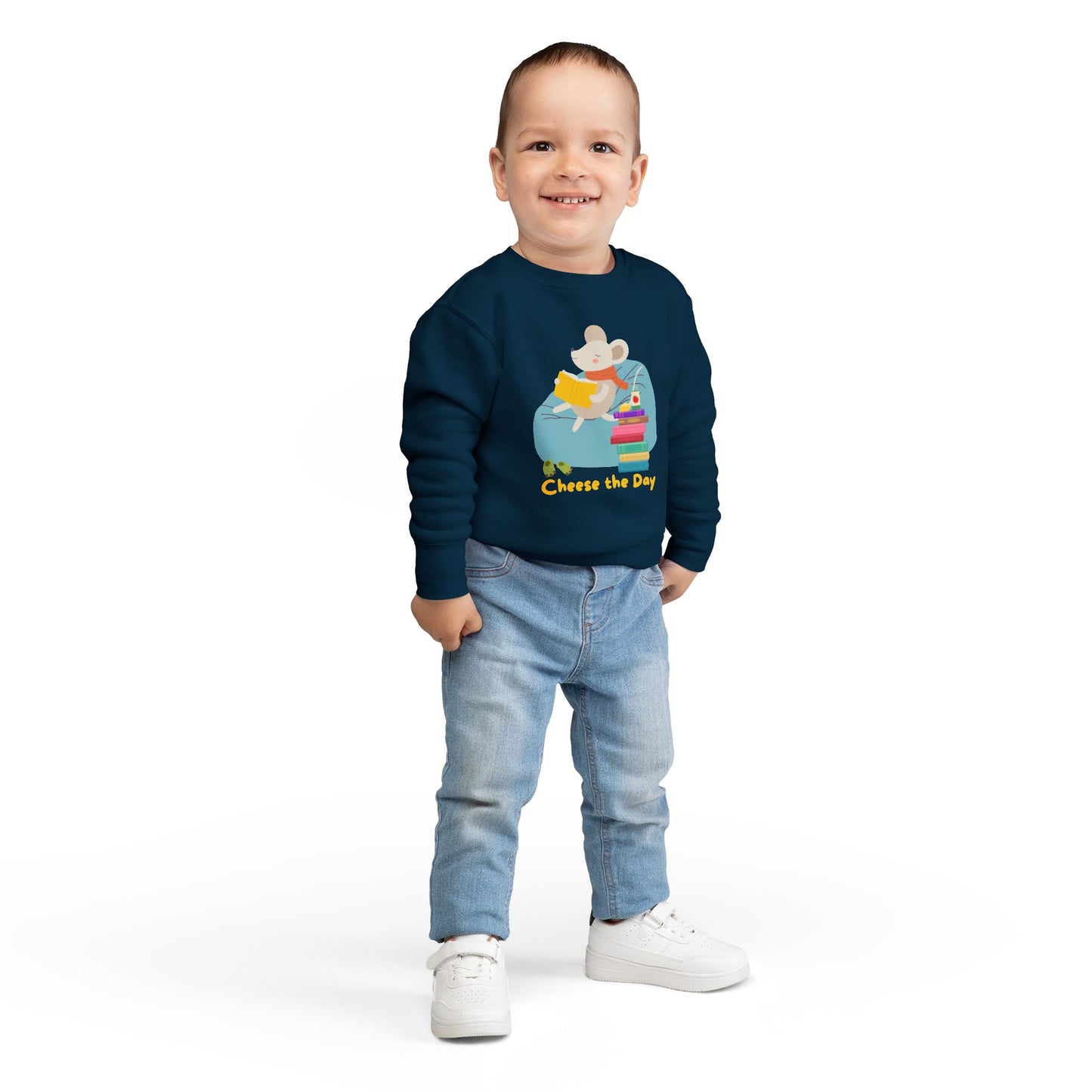 Boy wearing a navy blue toddler Cheese the Day Mouse Reader sweatshirt
