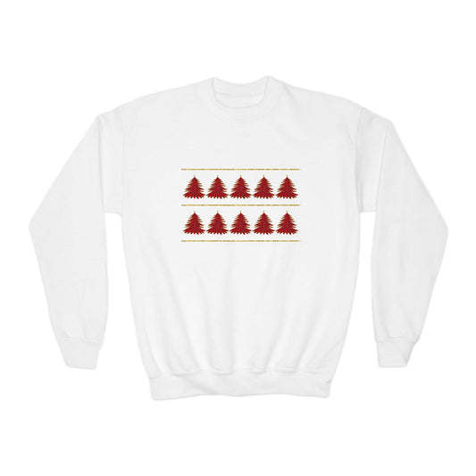 White sweatshirt with red animal patterned Christmas trees in rows on white background