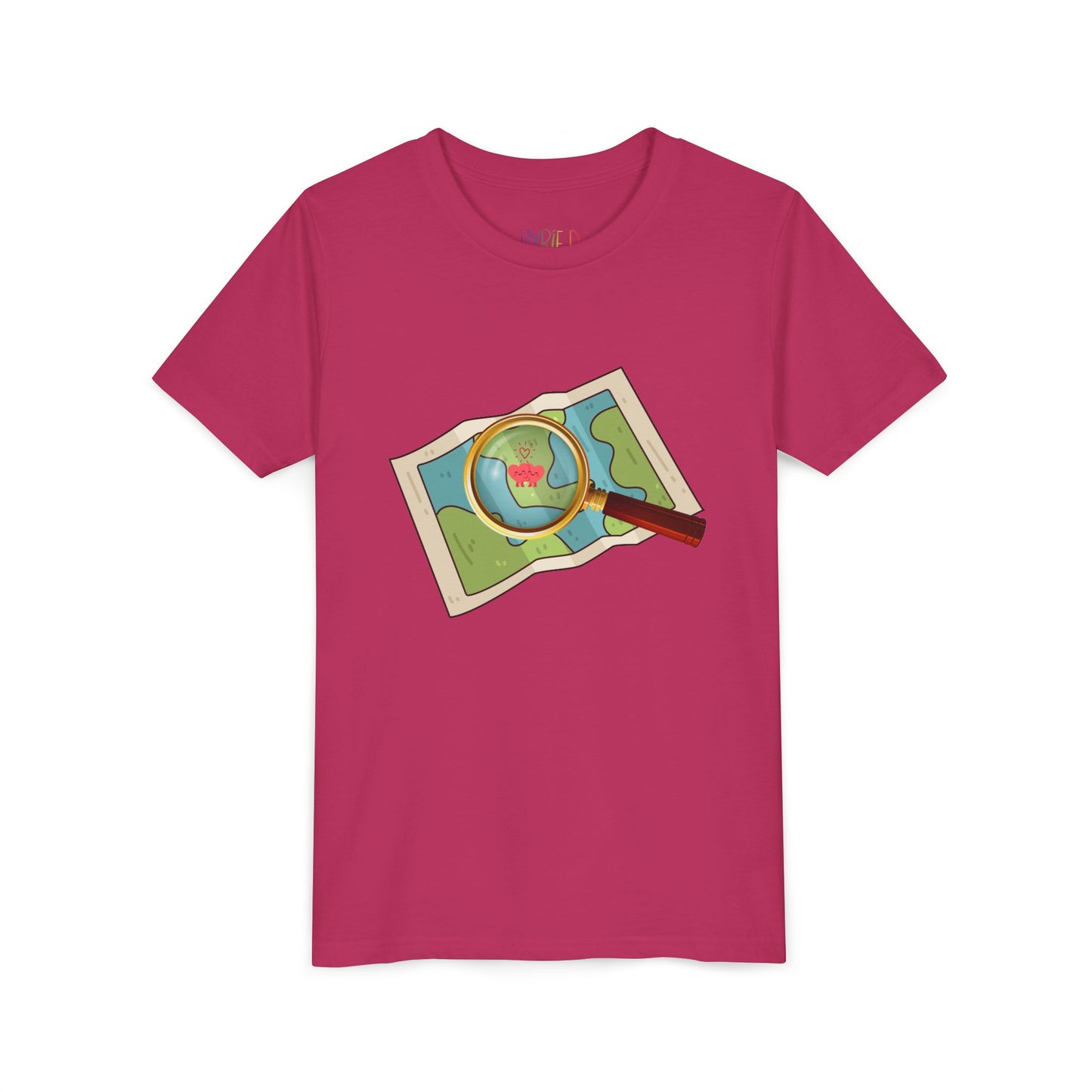 Pink t-shirt with a map and a magnifying glass highlighting two heart characters