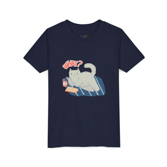Navy blue t-shirt with a graphic of a cat lounging on a blanket with an open book and a cold beverage, text 'What?'