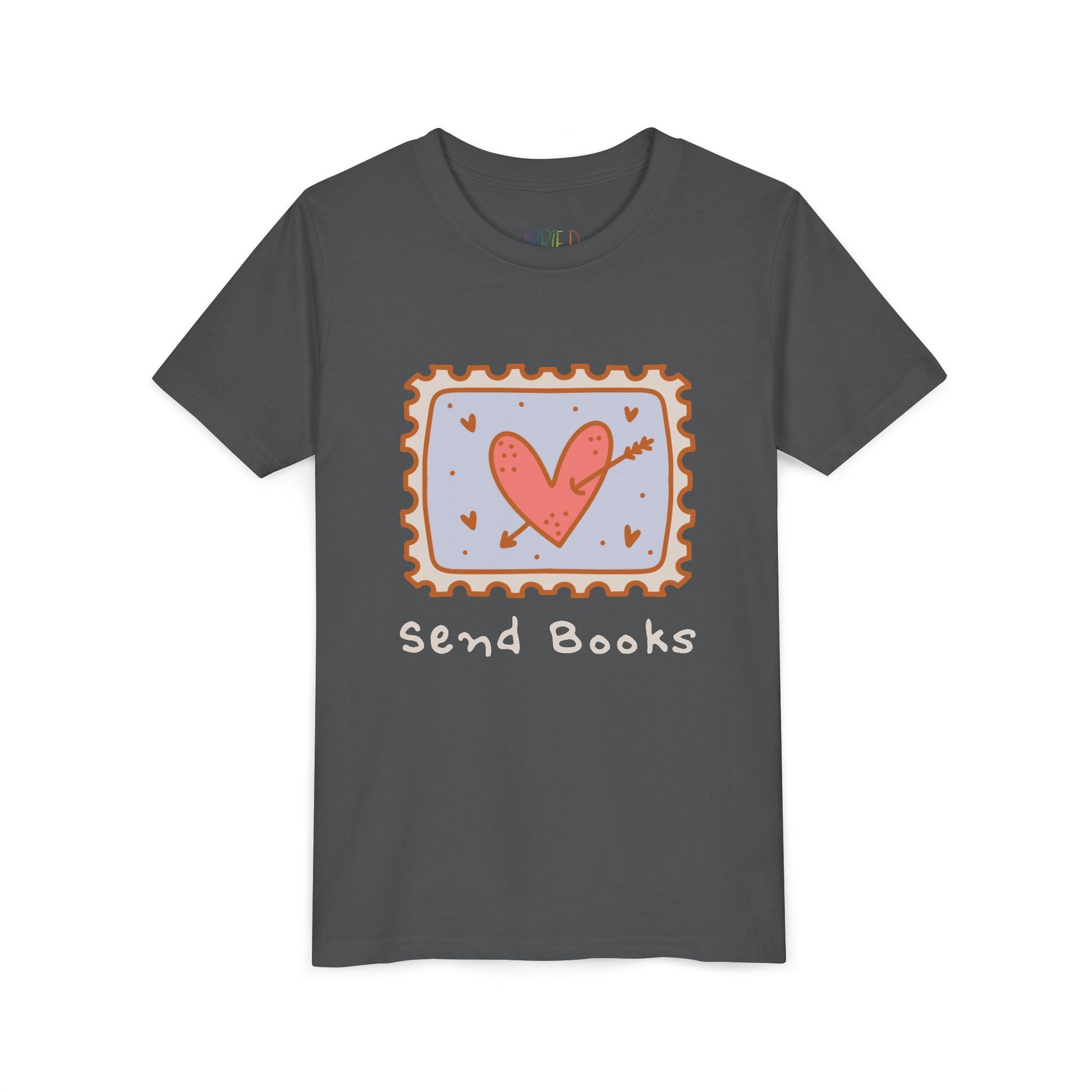 Dark gray t-shirt with a heart stamp and text 'Send Books'