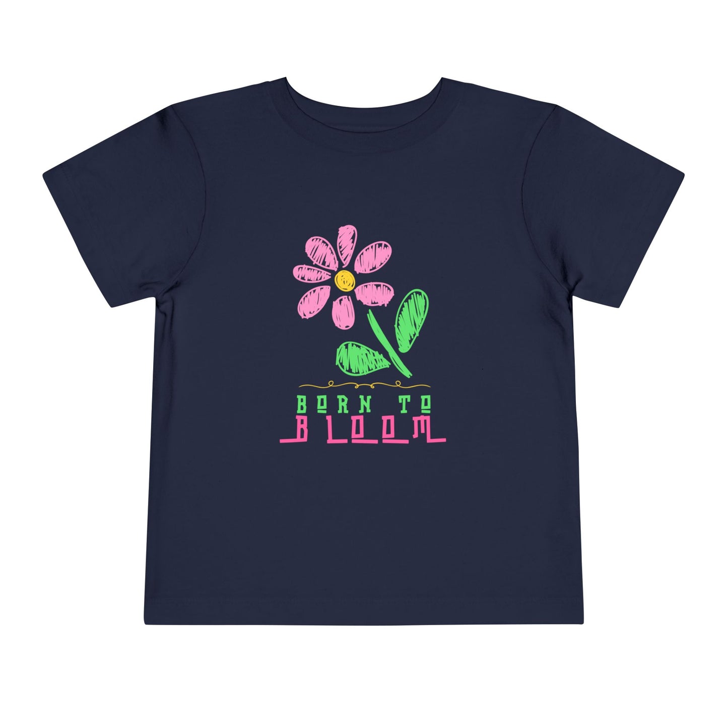 Navy blue t-shirt with a sketched pink flower and 'Born to Bloom' text 