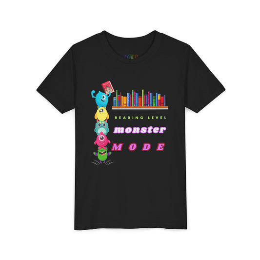 Black t-shirt with colorful monsters standing on each others shoulders to reach a book on the bookshelf and text 'Reading Level Monster Mode'