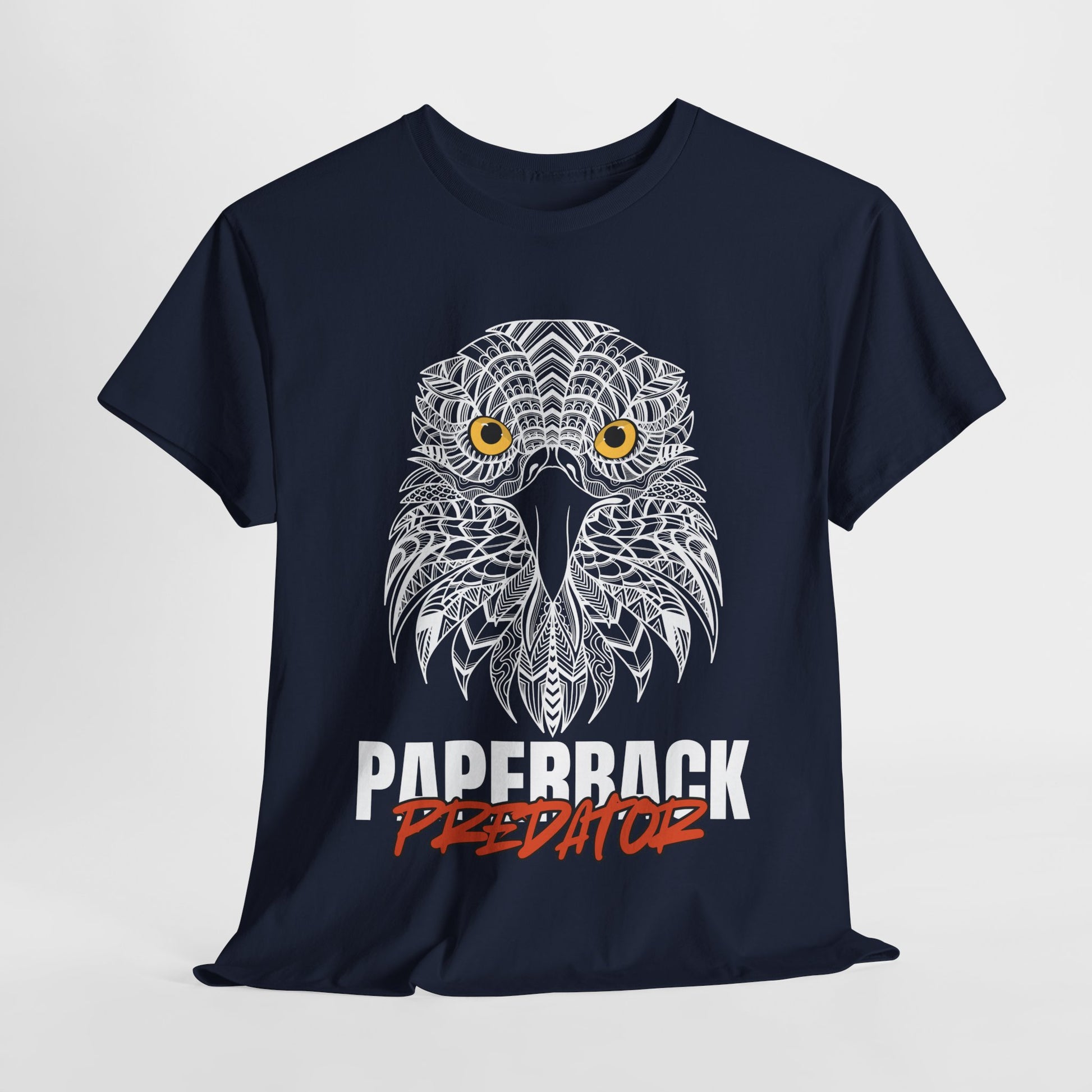 Navy blue t-shirt with an fierce geometric white hawk, yellow eyes, white and red text "PAPERBACK PREDATOR' 