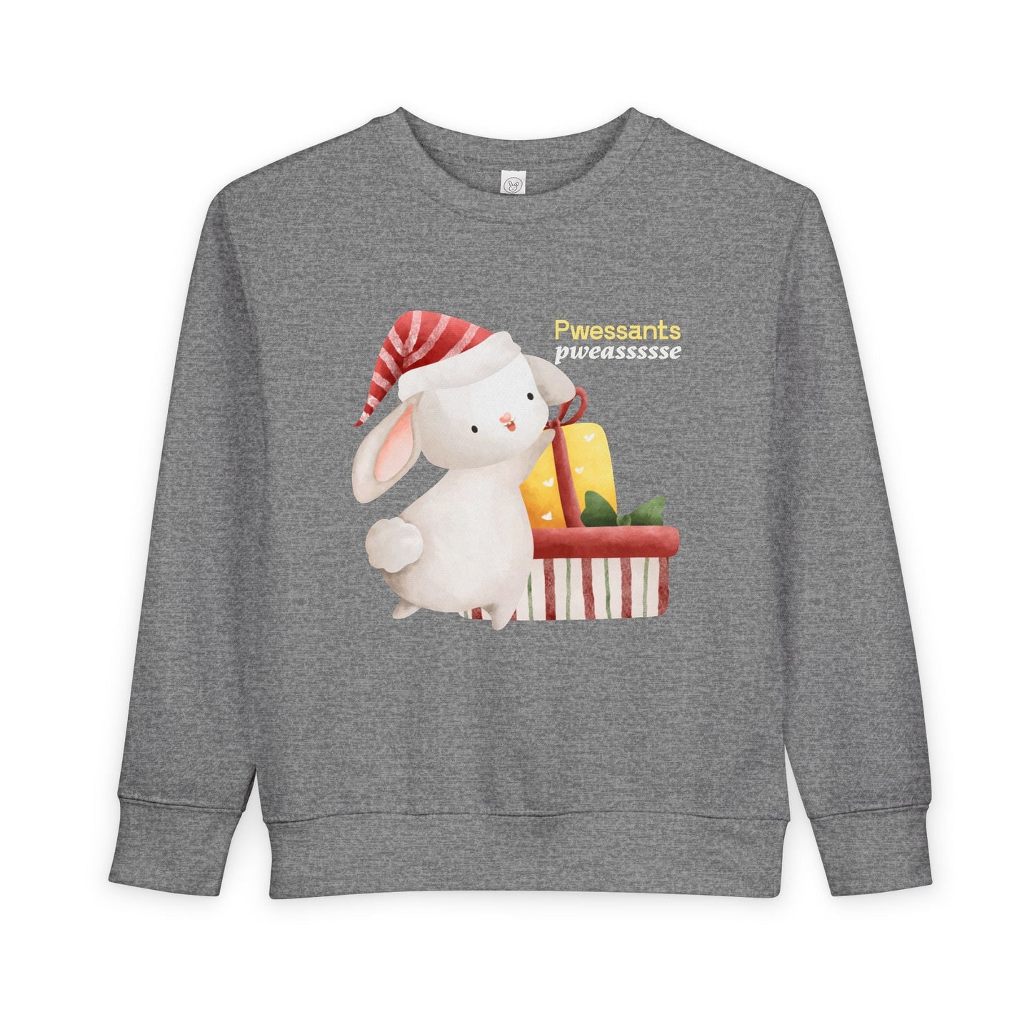 Dark gray toddler sweatshirt with a cartoon bunny wearing a Christmas Hat and reaching for presents, text 'Pwessants Pweassssse'