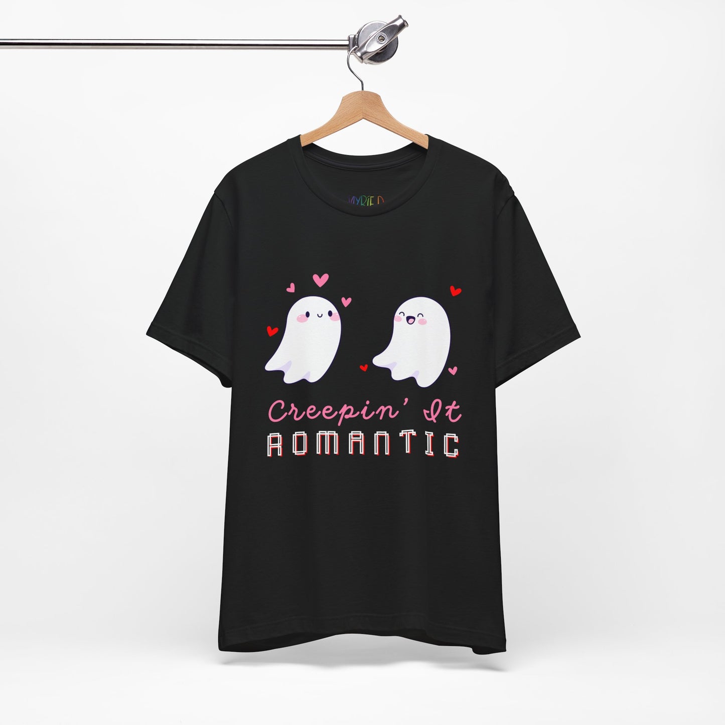 Black t-shirt with two flirty ghosts, scattered hearts and text 'Creepin' It Romantic' 