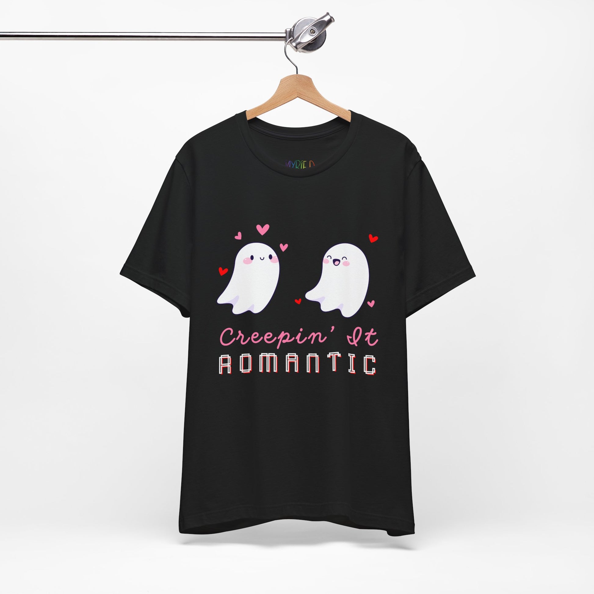 Black t-shirt with two flirty ghosts, scattered hearts and text 'Creepin' It Romantic' 