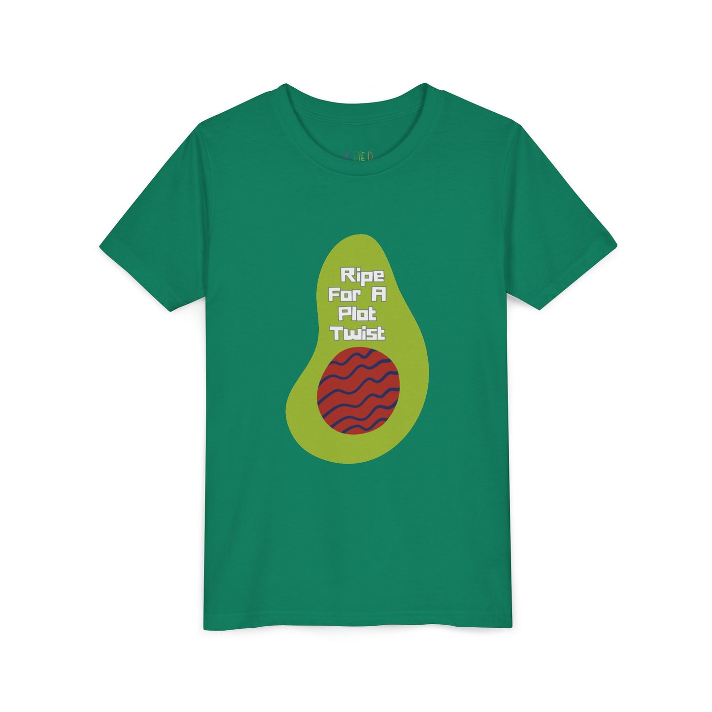 Green t-shirt with avocado graphic and text 'ripe for a plot twist'
