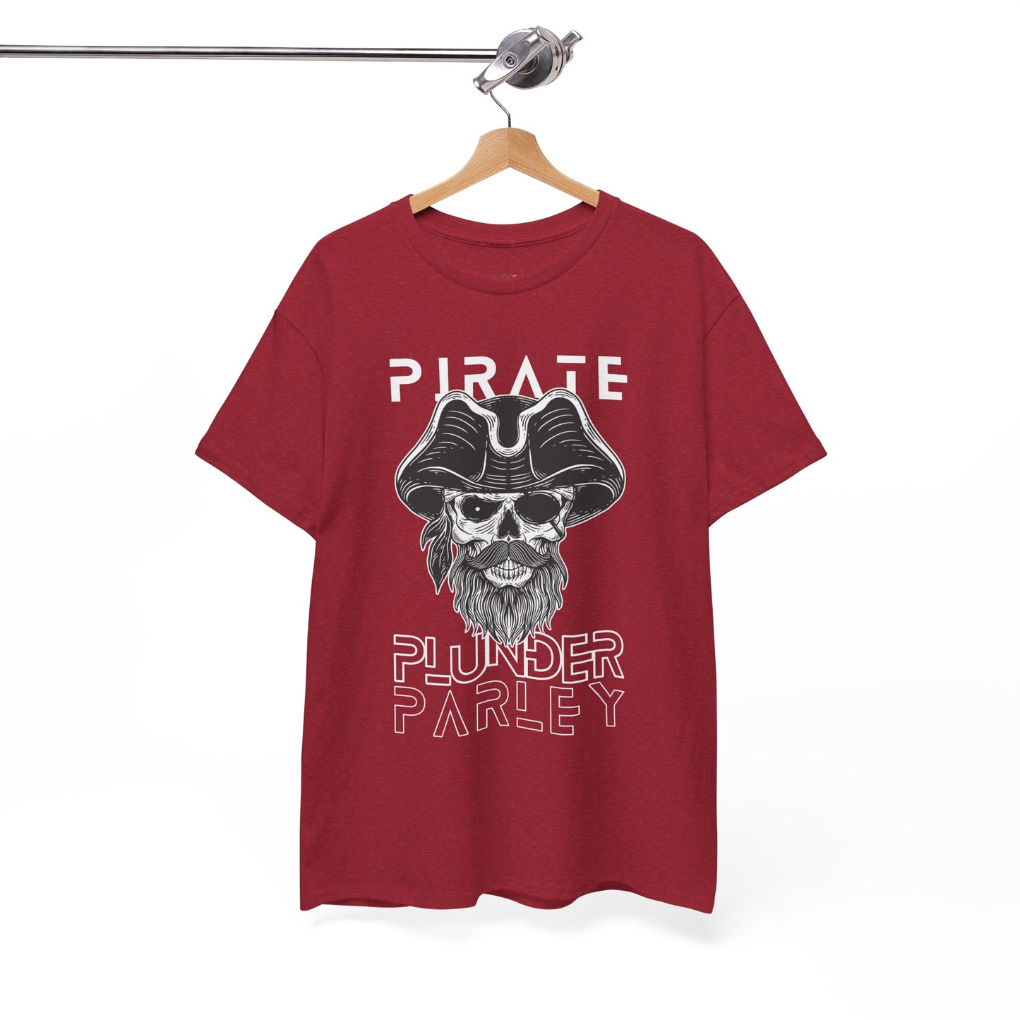 Red t-shirt with a black and white pirate graphic and text 'Pirate. Plunder. Parley'