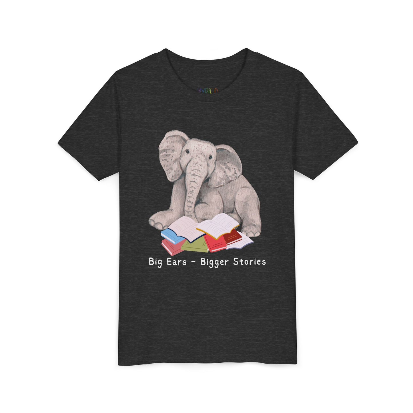 Youth Big Ears – Bigger Stories Tee – Elephant Reading Shirt for Thoughtful Little Listeners