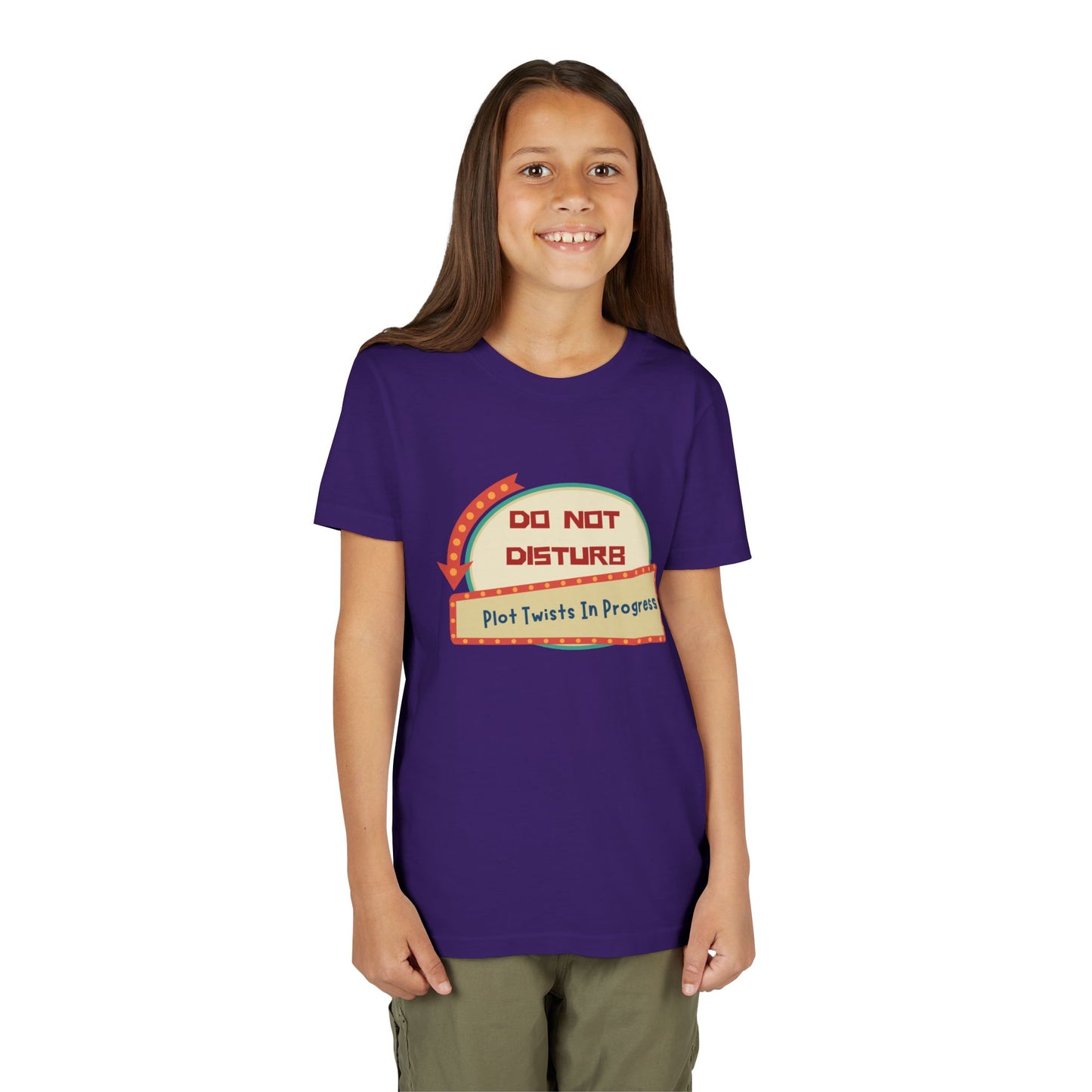 Girl wearing a purple t-shirt with a do not disturb sign and text 'Plot Twists In Progress' 