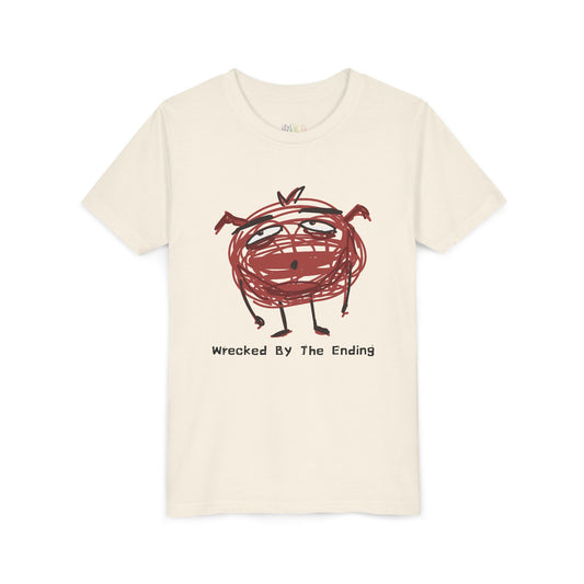Beige t-shirt with a red scribbled character and text 'wrecked by the ending'