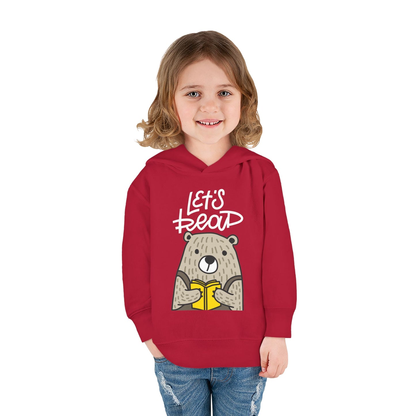 Girl wearing a red toddler hoodie with bear graphic reading a book and 'Let's Read' text 
