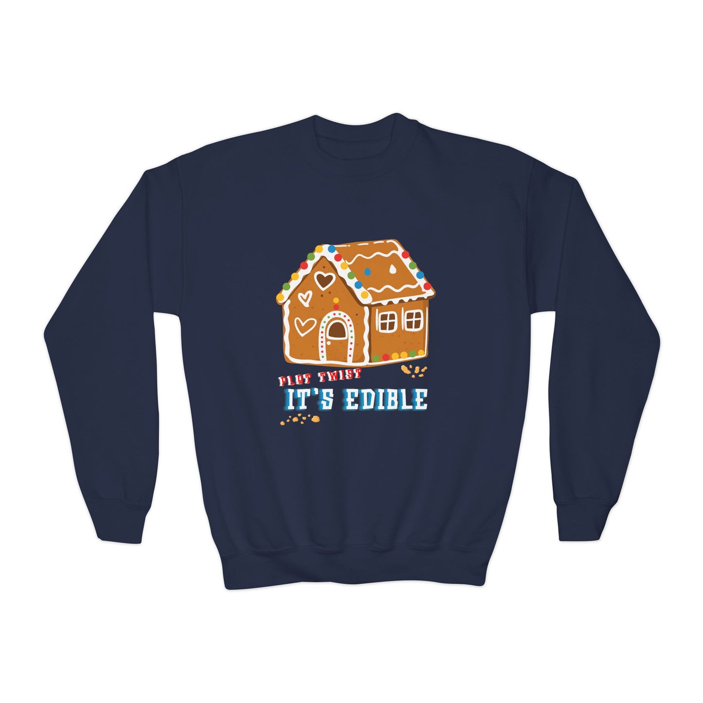 Navy blue sweatshirt with a gingerbread house graphic and text 'Plot Twist, It's Edible' on a white background