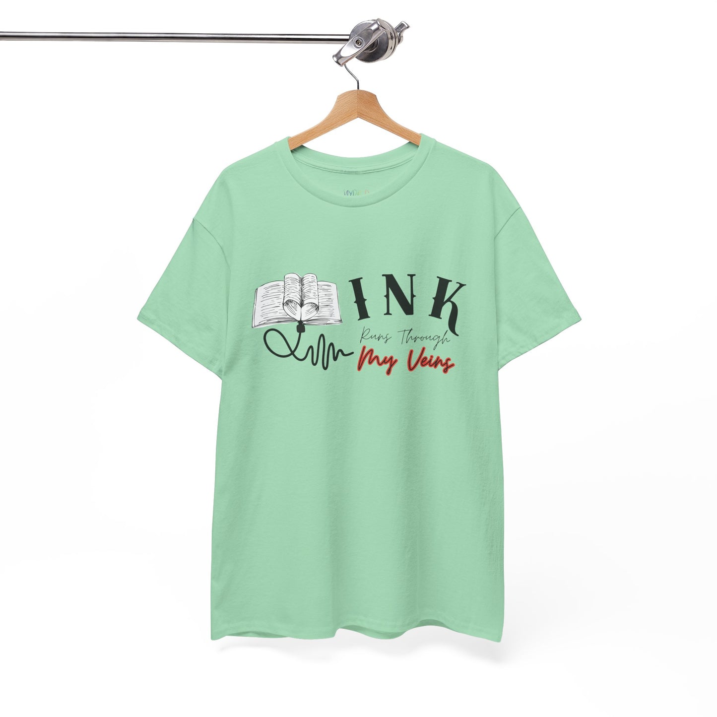 Green t-shirt with an IV connected to an open book and text 'INK Runs Through My Veins' 