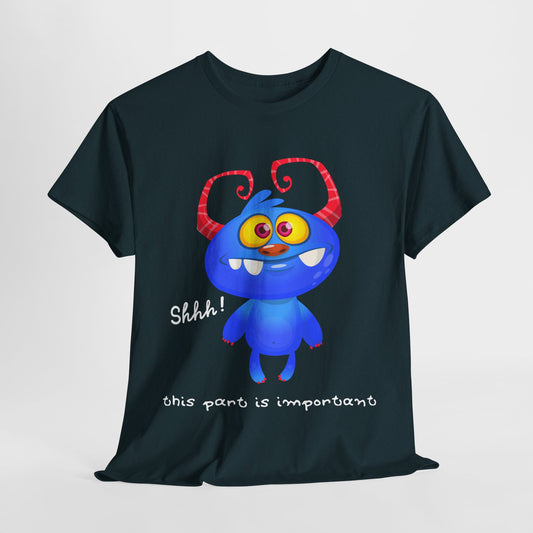 Teen/Adult Unisex “Shhh! This Part Is Important” Tee – Cute Blue Monster Quiet Zone Reading Shirt