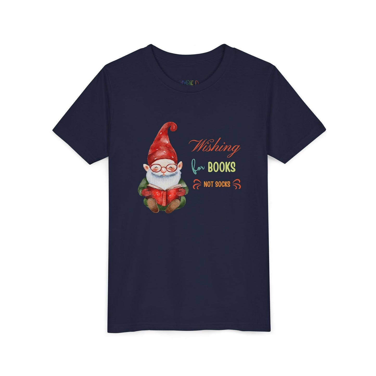 Youth Wishing for Books Not Socks T-Shirt â€“ Holiday Gnome Reading Design Printify