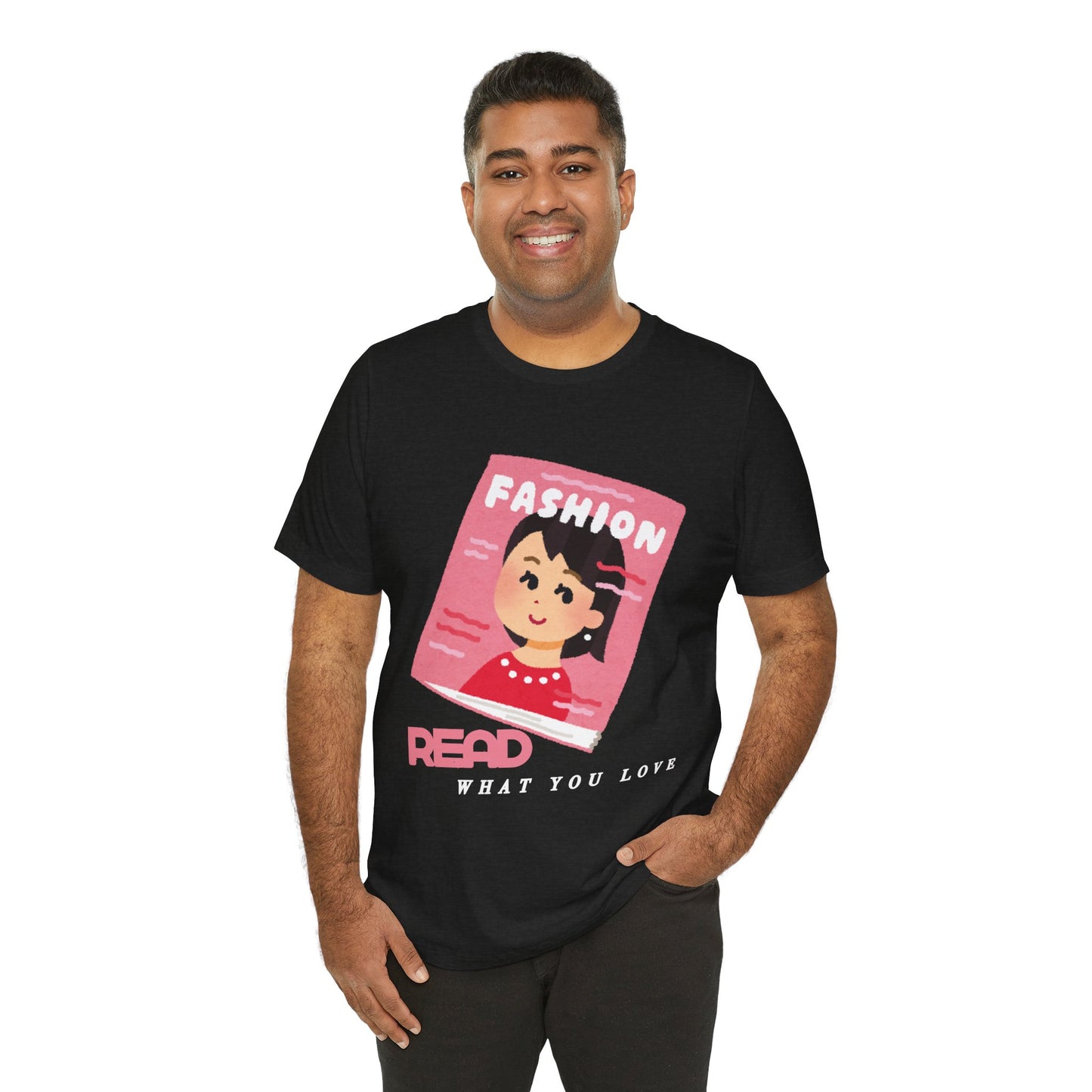 Man wearing a black t-shirt with a graphic design of a girl on a fashion magazine and text 'Read What You Love' 