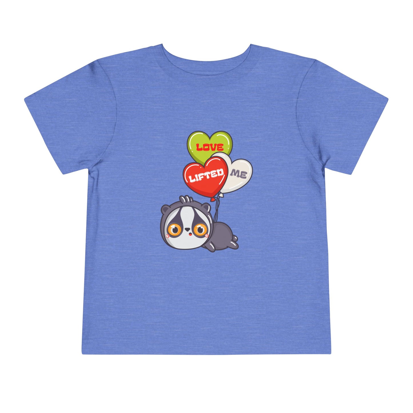 Blue toddler t-shirt with a cartoon sloth being carried away by heart shaped balloons that read 'Love Lifted Me'