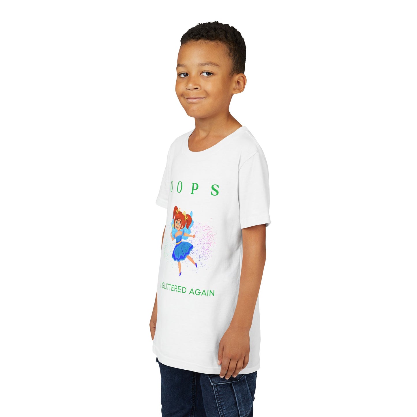 Boy wearing a white t-shirt with a fairy, glitter and text 'OOPS I GLITTERED AGAIN'