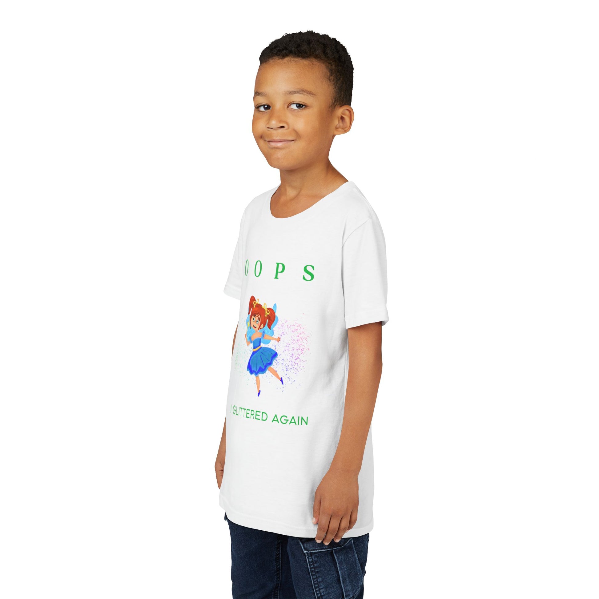 Boy wearing a white t-shirt with a fairy, glitter and text 'OOPS I GLITTERED AGAIN'