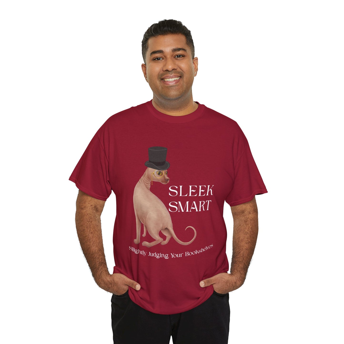 Man wearing a red t-shirt with a hairless cat in a monacle and top hat, text "SLEEK SMART' and 'Slightly Judging Your Bookshelf'