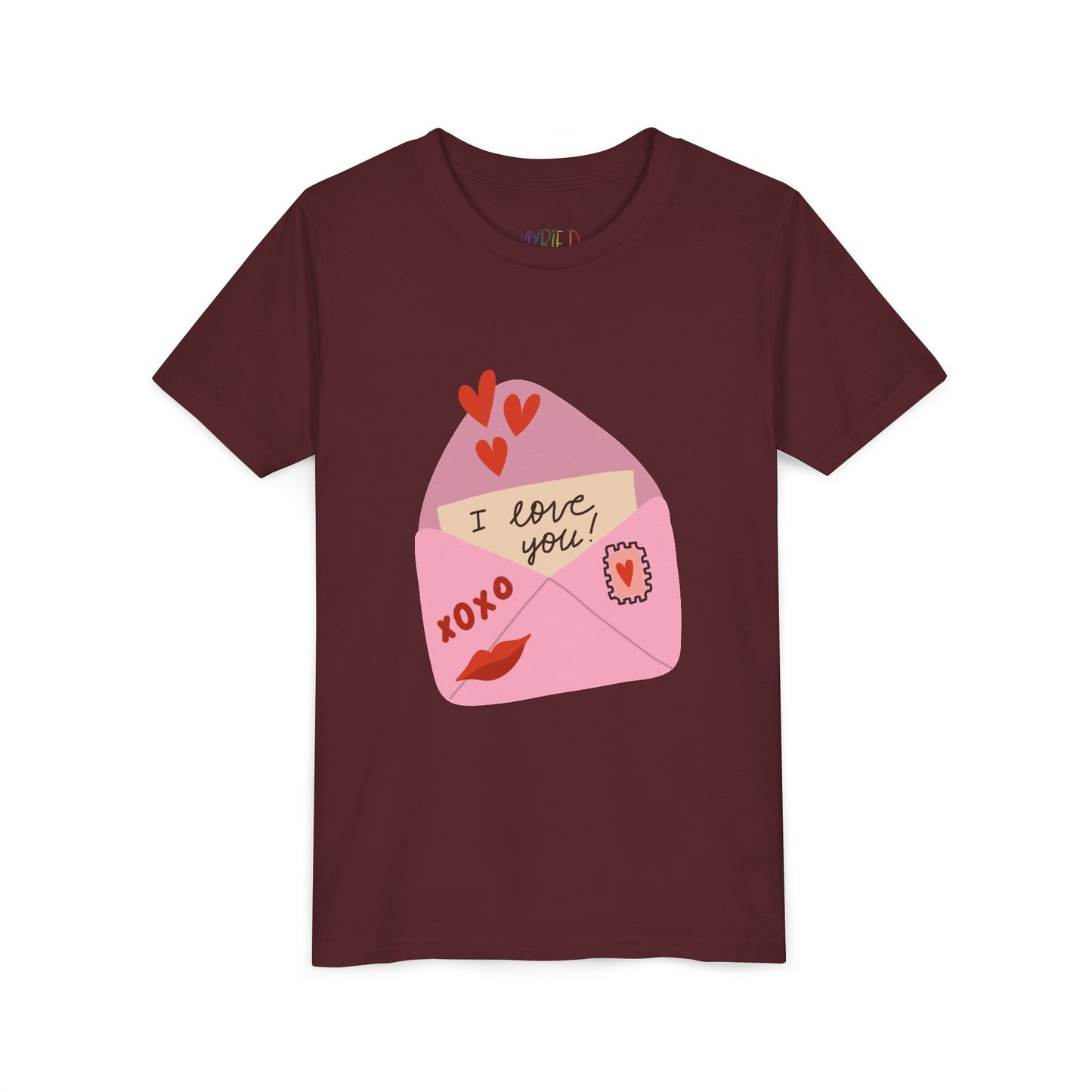 Maroon t-shirt with an 'I love you!' letter peaking out of a pink envelope