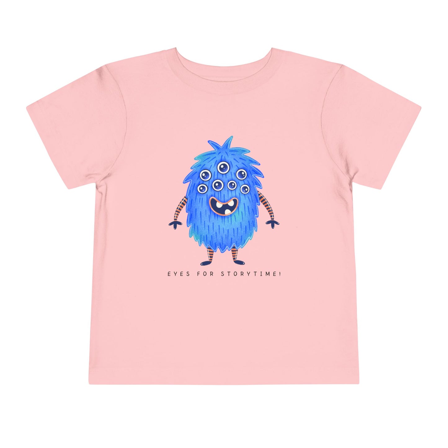 Pink toddler t-shirt with a blue multi-eyed cartoon monster and text 'eyes for storytime!'