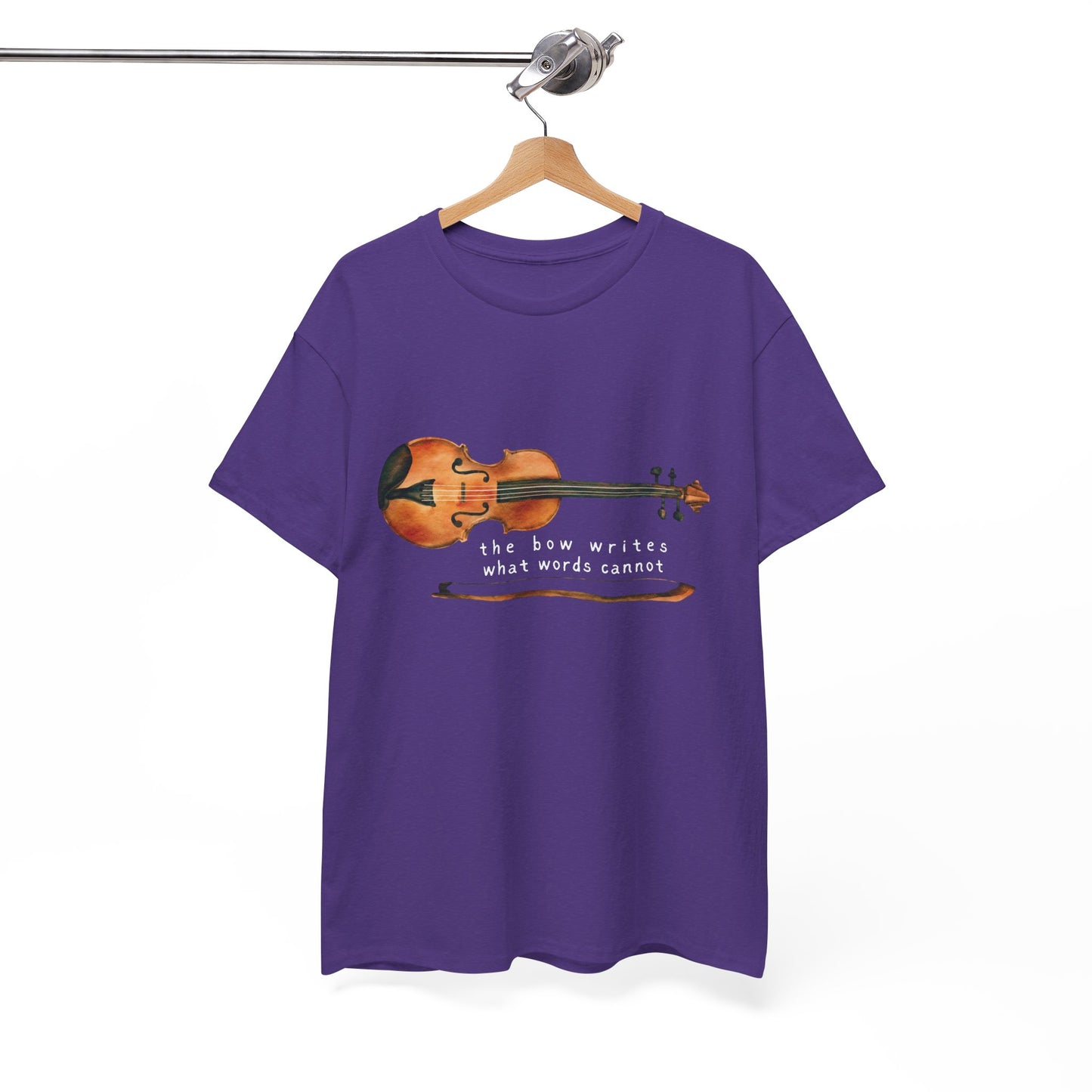 Purple t-shirt with a violin graphic and text 'the bow writes what words cannot'