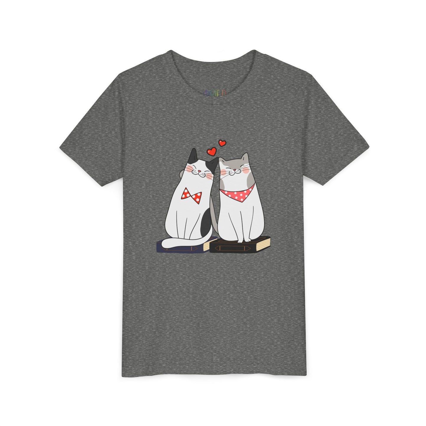Gray t-shirt with two cats snuggled up on books