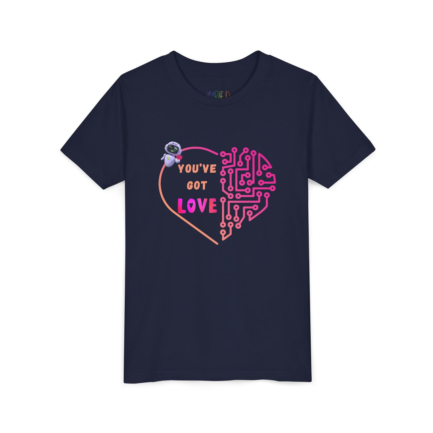 Navy t-shirt with a heart-shaped design with computer connections, a robot holding a heart and text 'You've Got Love'