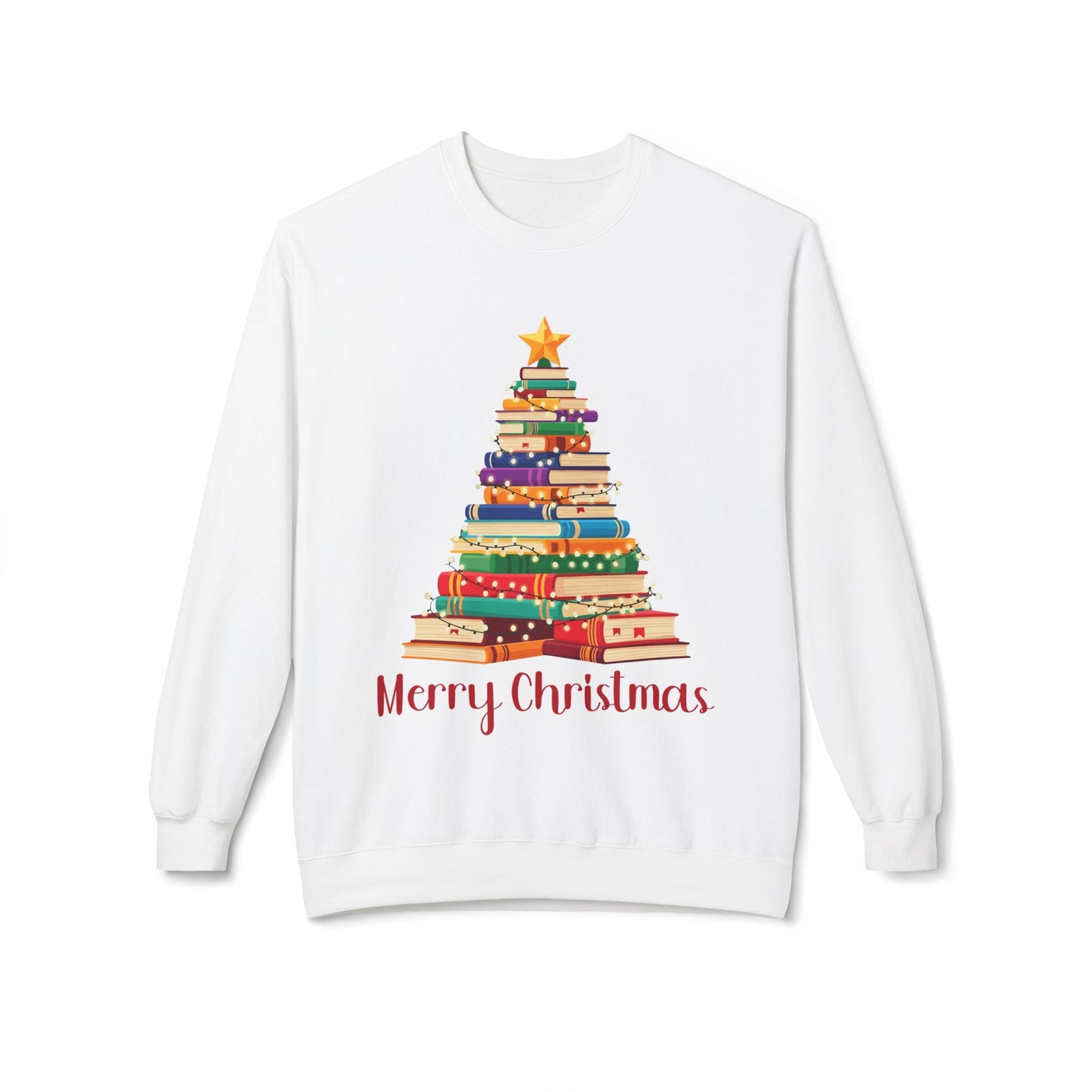 Teen/Adult Unisex Merry Christmas Book Tree Sweatshirt â€“ Stacked Books Holiday Design Printify